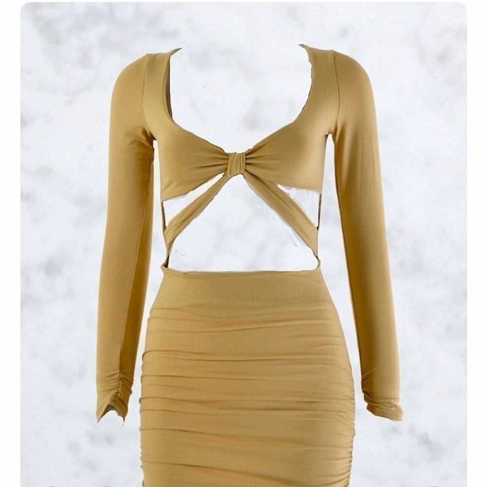 LONG SLEEVE TAN BODY CON MINI CUT OUT DRESS